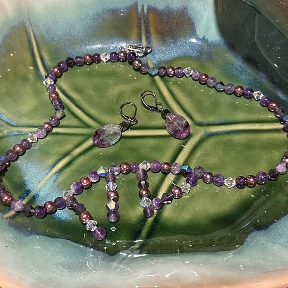 Handcrafted Genuine Amethyst Gemstone Hand-Beaded Necklace & Earrings - Picture 1 of 6
